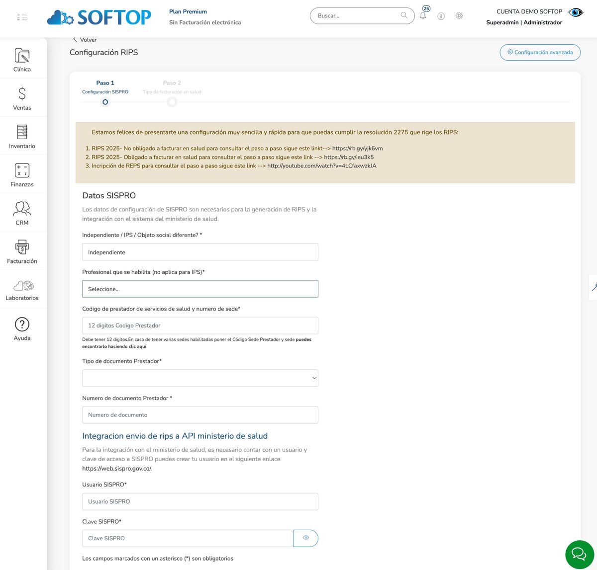 Configuración RIPS Softop — Resolución 2275 SISPRO